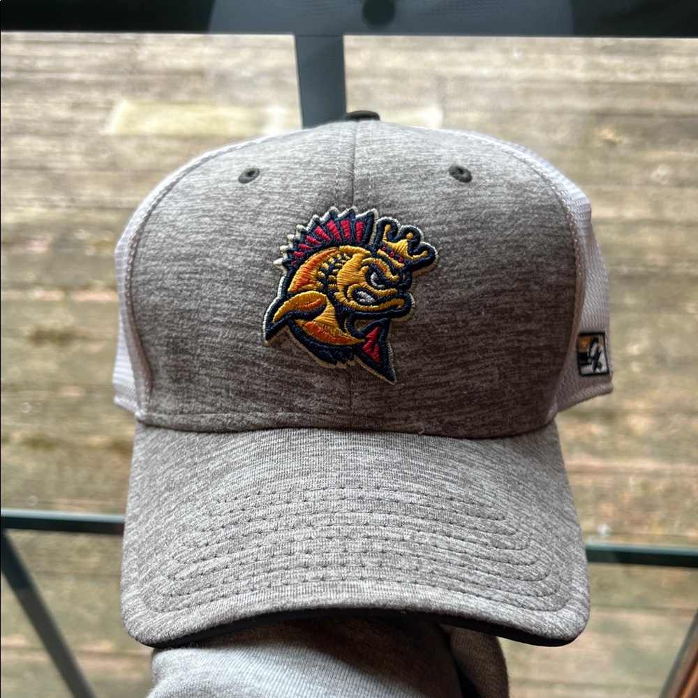 Kenosha Kingfish- Gray and White Trucker Cap with Embroidered Gold Fish Logo